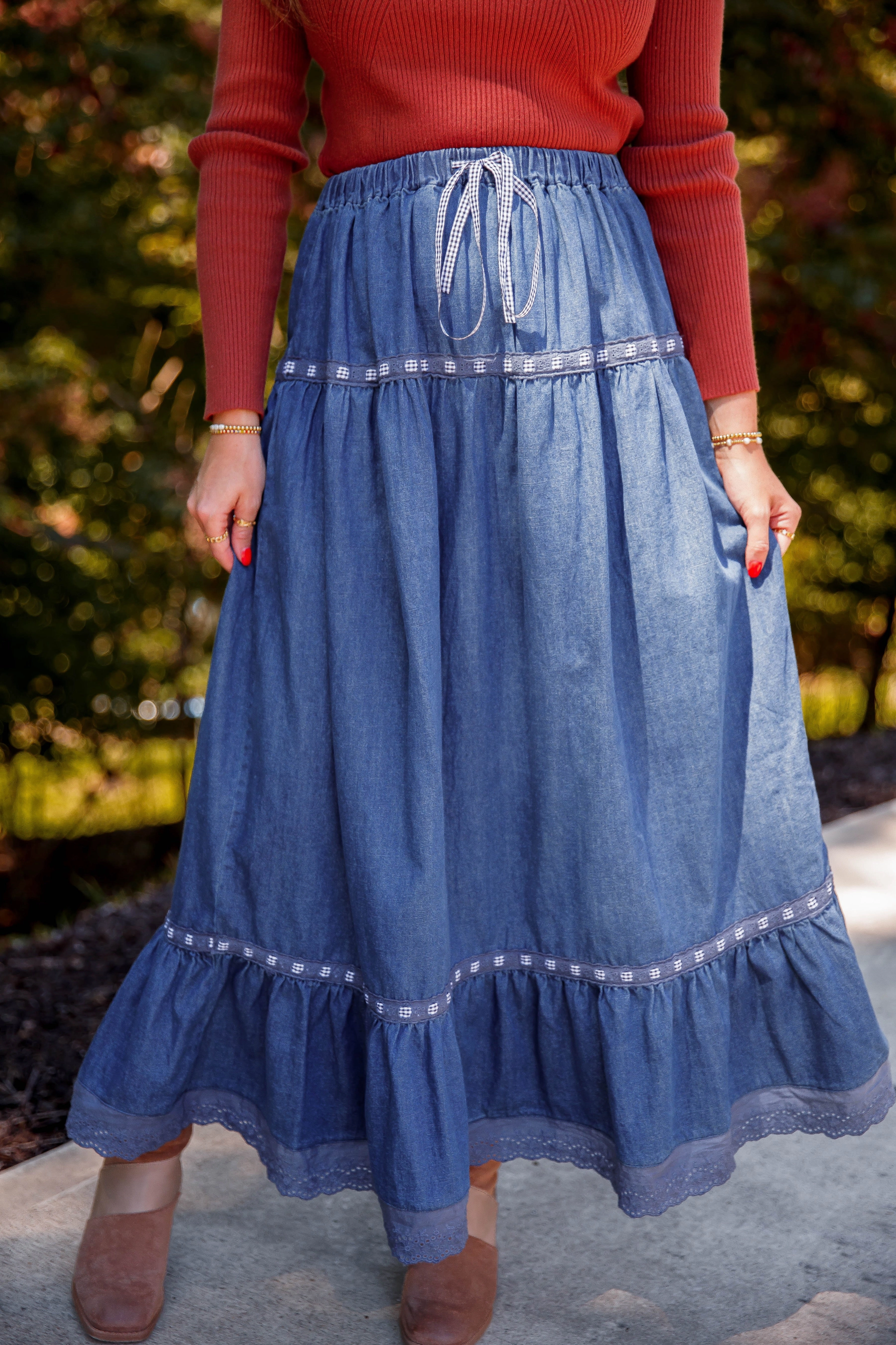 Just A Dream Denim Maxi Skirt Minimal Bulk Shape Flex