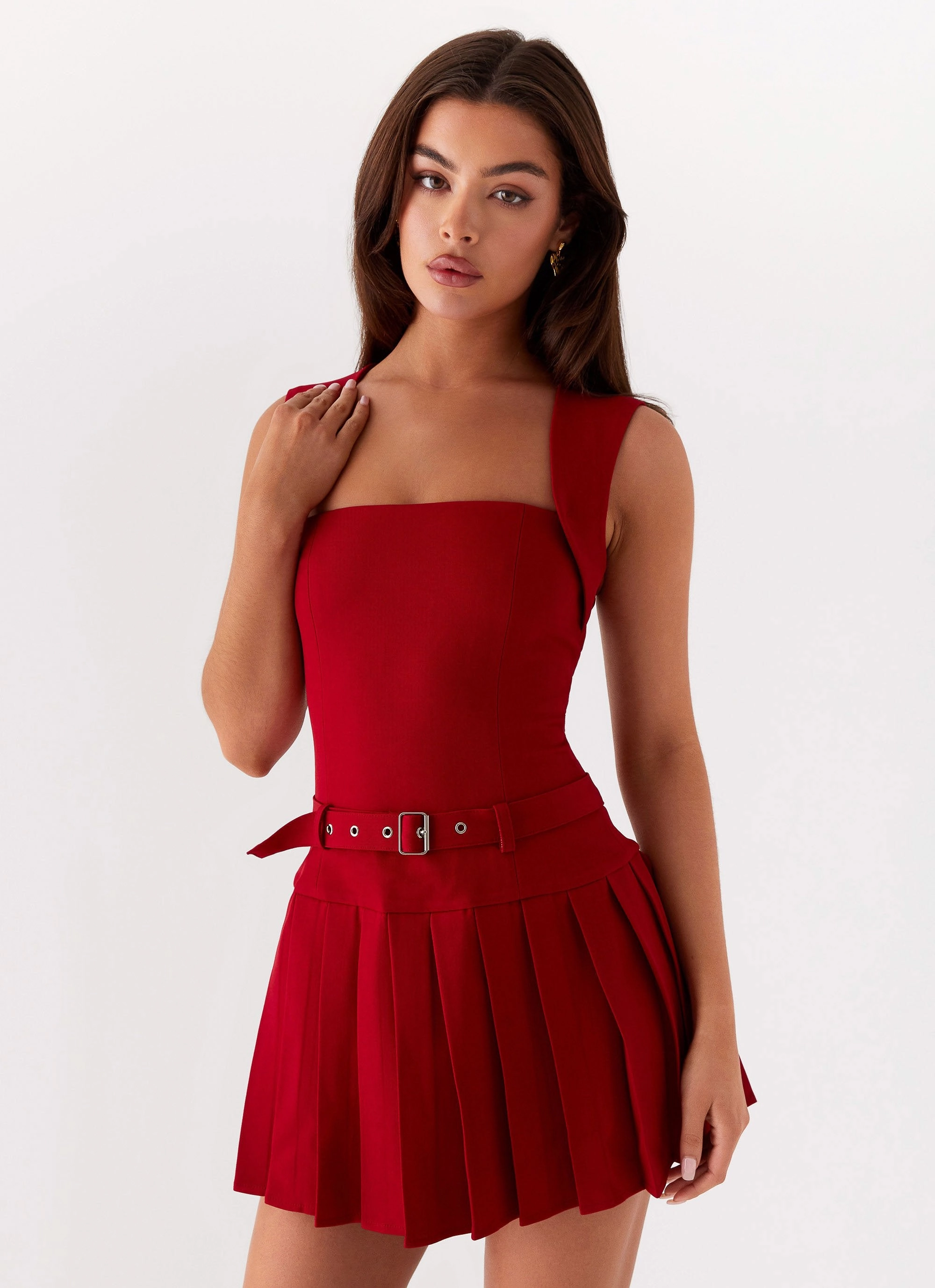 Balanced Tone Ruffle Detail Justina Belted Mini Dress - Red