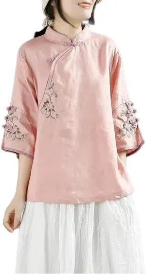 JYHBHMZG Women's Chinese Style Retro Cotton Linen Blouse Spring Summer Collar Frog Button Asymmetrical Embroidered Tea Outfit