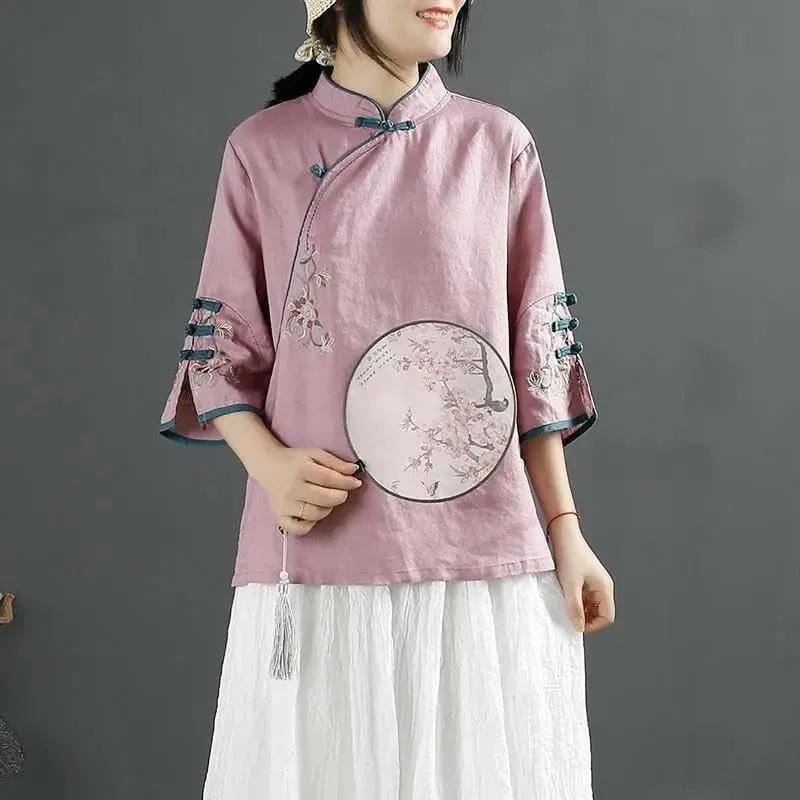 JYHBHMZG Women's Chinese Style Retro Cotton Linen Blouse Spring Summer Collar Frog Button Asymmetrical Embroidered Tea Outfit