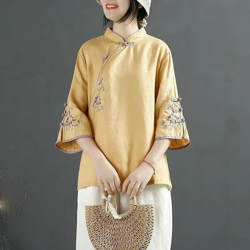 JYHBHMZG Women's Chinese Style Retro Cotton Linen Blouse Spring Summer Collar Frog Button Asymmetrical Embroidered Tea Outfit