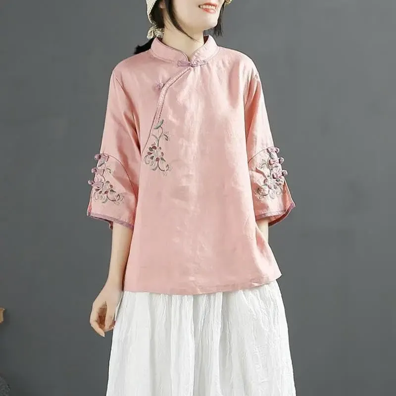 JYHBHMZG Women's Chinese Style Retro Cotton Linen Blouse Spring Summer Collar Frog Button Asymmetrical Embroidered Tea Outfit