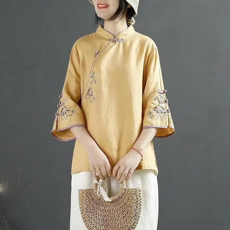 JYHBHMZG Women's Chinese Style Retro Cotton Linen Blouse Spring Summer Collar Frog Button Asymmetrical Embroidered Tea Outfit