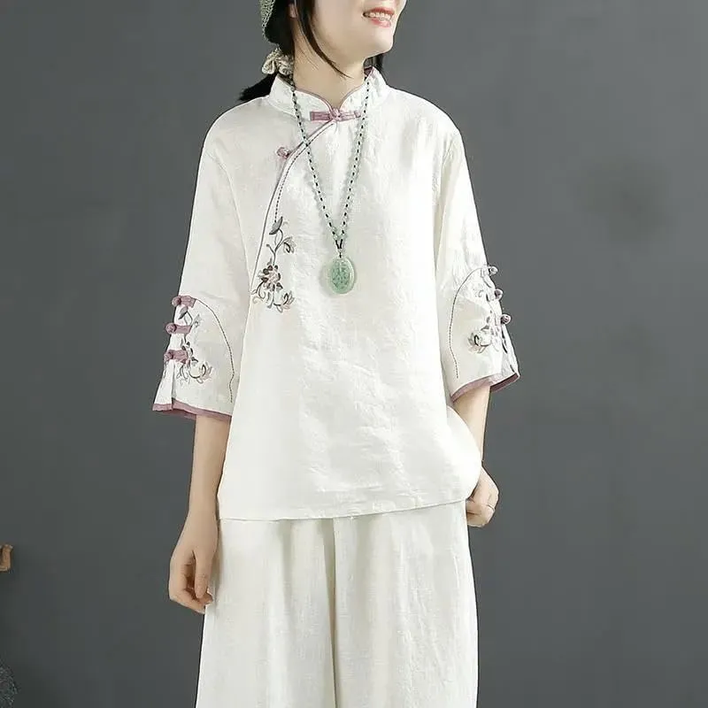 JYHBHMZG Women's Chinese Style Retro Cotton Linen Blouse Spring Summer Collar Frog Button Asymmetrical Embroidered Tea Outfit