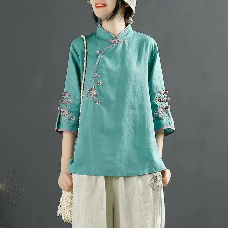 JYHBHMZG Women's Chinese Style Retro Cotton Linen Blouse Spring Summer Collar Frog Button Asymmetrical Embroidered Tea Outfit