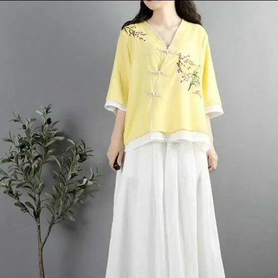JYHBHMZG Women's Republic Style Retro Embroidered Cotton Linen Color Block Frog Button V-Neck Loose Fit Mid-Sleeve Tea Outfit