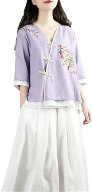 JYHBHMZG Women's Republic Style Retro Embroidered Cotton Linen Color Block Frog Button V-Neck Loose Fit Mid-Sleeve Tea Outfit