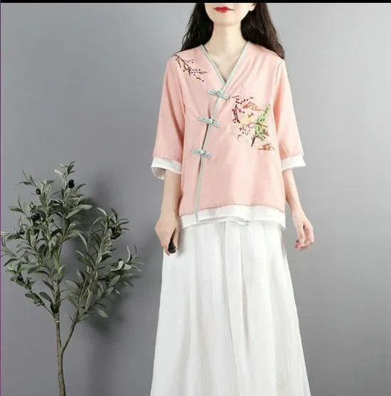 JYHBHMZG Women's Republic Style Retro Embroidered Cotton Linen Color Block Frog Button V-Neck Loose Fit Mid-Sleeve Tea Outfit