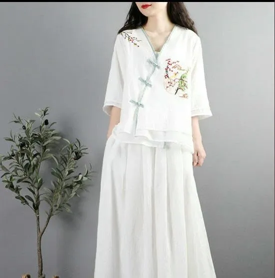JYHBHMZG Women's Republic Style Retro Embroidered Cotton Linen Color Block Frog Button V-Neck Loose Fit Mid-Sleeve Tea Outfit