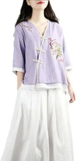 JYHBHMZG Women's Republic Style Retro Embroidered Cotton Linen Color Block Frog Button V-Neck Loose Fit Mid-Sleeve Tea Outfit