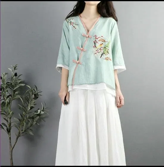JYHBHMZG Women's Republic Style Retro Embroidered Cotton Linen Color Block Frog Button V-Neck Loose Fit Mid-Sleeve Tea Outfit