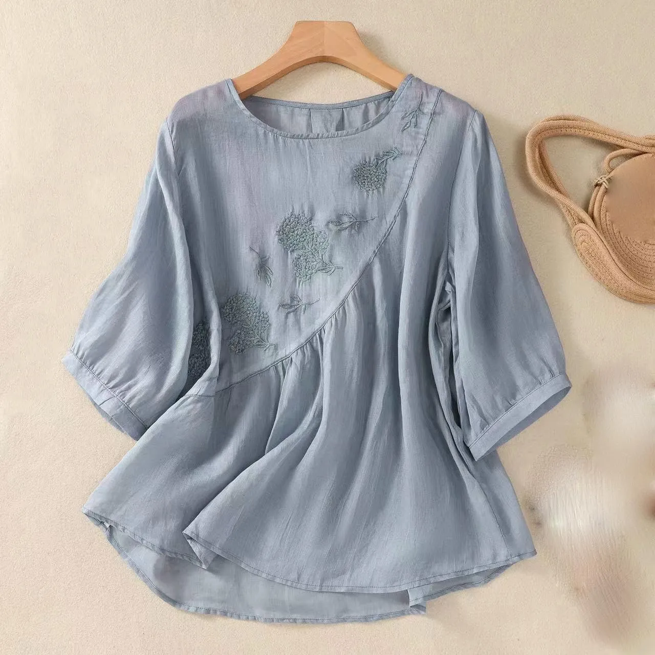 JYHBHMZG Women's Retro Thin Loose Literary 3/4 Sleeve Embroidered Cotton Linen Blouse Round Neck Summer