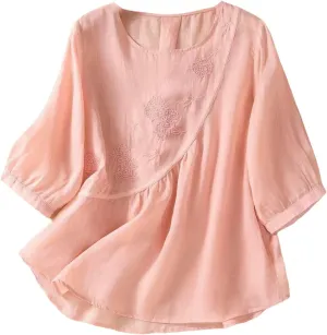 JYHBHMZG Women's Retro Thin Loose Literary 3/4 Sleeve Embroidered Cotton Linen Blouse Round Neck Summer