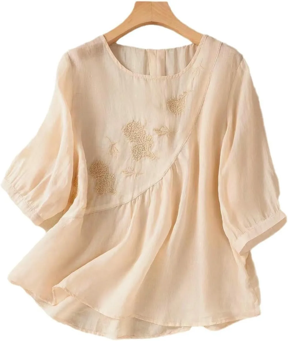 JYHBHMZG Women's Retro Thin Loose Literary 3/4 Sleeve Embroidered Cotton Linen Blouse Round Neck Summer