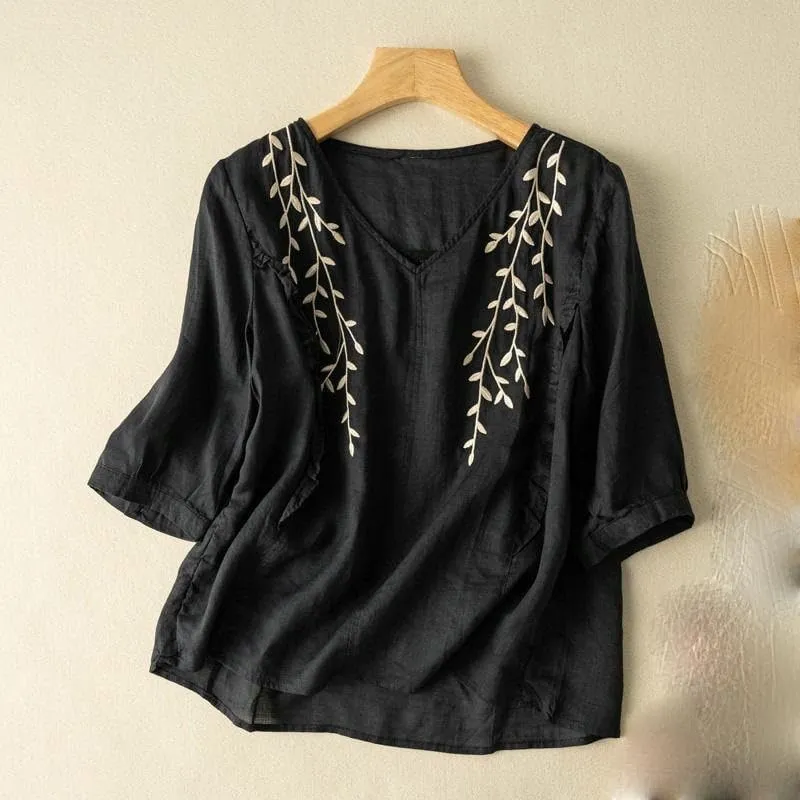 JYHBHMZG Women's Summer Cotton Linen Literary Retro Embroidered Top Loose Thin Blouse Ethnic Style