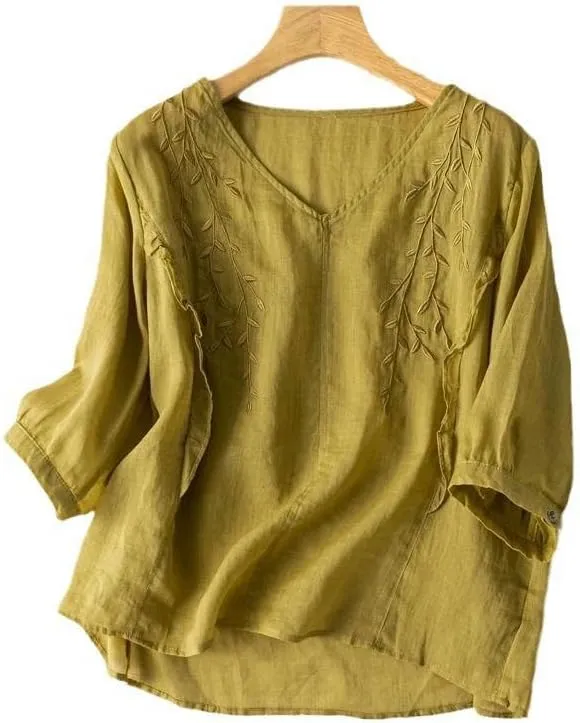 JYHBHMZG Women's Summer Cotton Linen Literary Retro Embroidered Top Loose Thin Blouse Ethnic Style