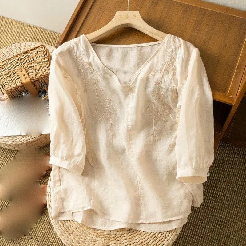 JYHBHMZG Women's Summer Cotton Linen Literary Retro Embroidered Top Loose Thin Blouse Ethnic Style