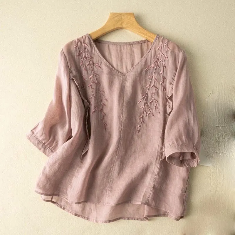 JYHBHMZG Women's Summer Cotton Linen Literary Retro Embroidered Top Loose Thin Blouse Ethnic Style