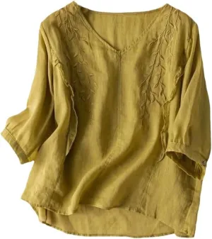 JYHBHMZG Women's Summer Cotton Linen Literary Retro Embroidered Top Loose Thin Blouse Ethnic Style