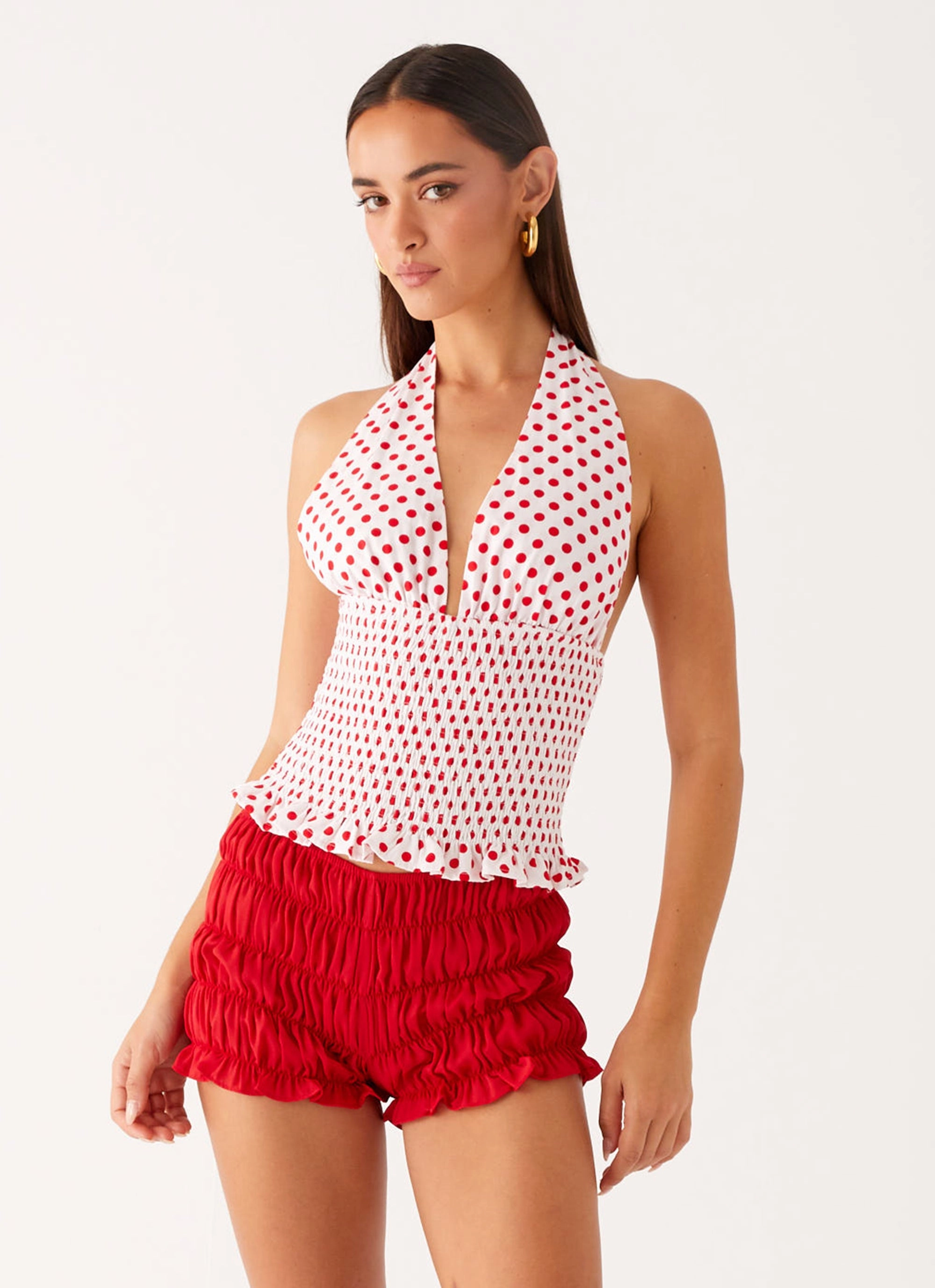 Kamren Halter Top - White Red Polka Dot RibbedCollar Flatlock Seam Technique