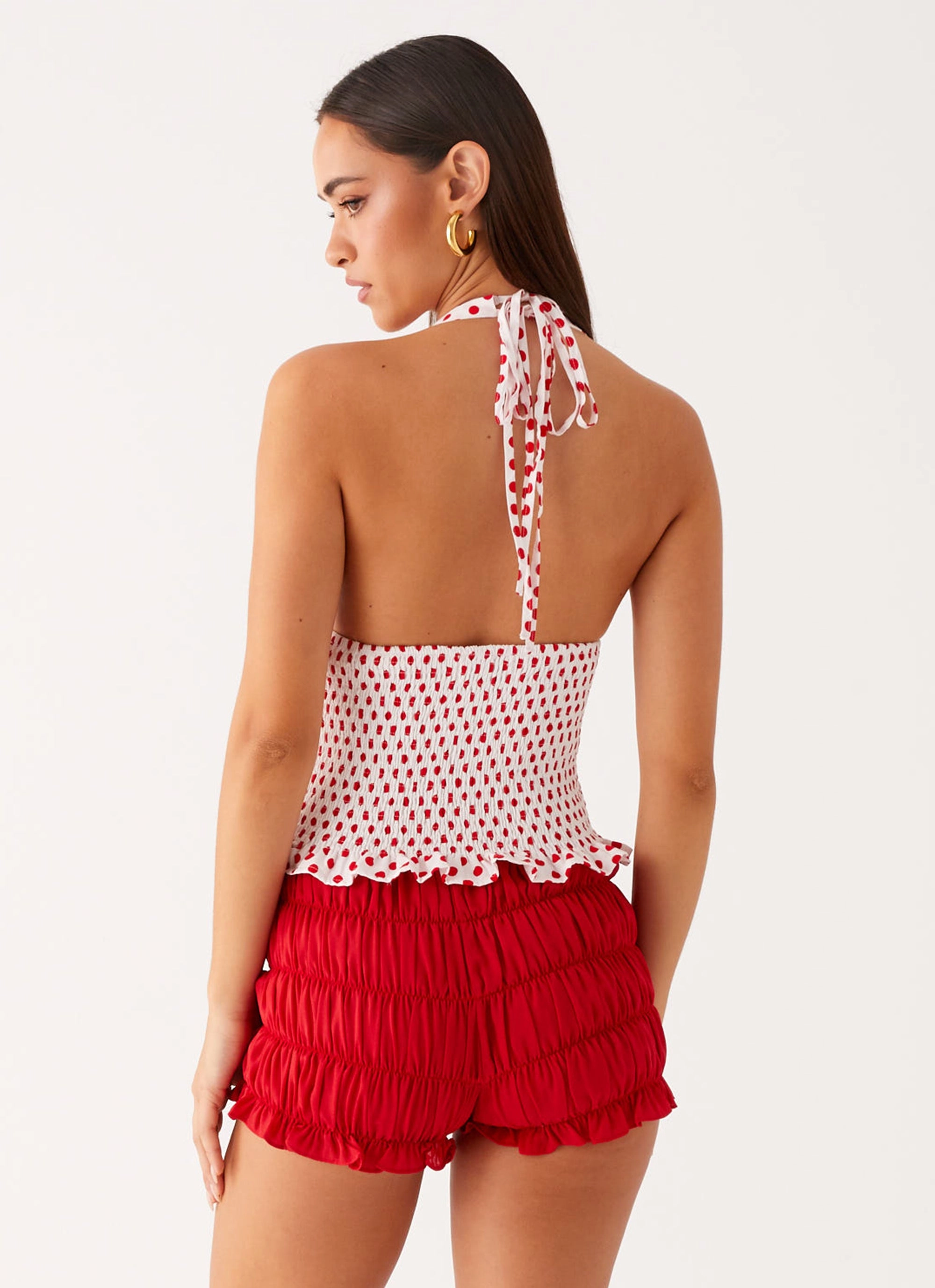 Kamren Halter Top - White Red Polka Dot Soft Touch Texture QuickDrying