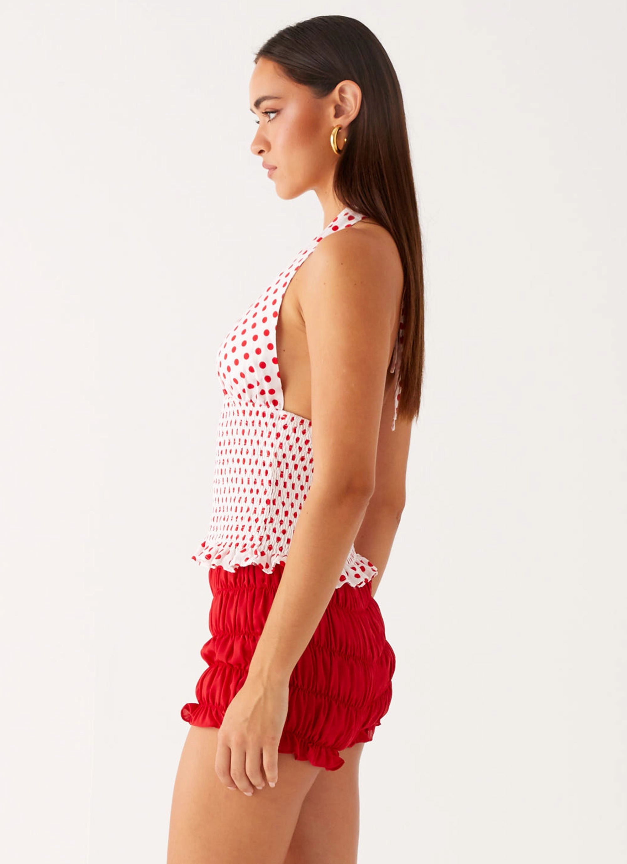 OrganicCottonBlend OdorResistant Kamren Halter Top - White Red Polka Dot