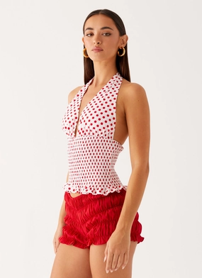 Kamren Halter Top - White Red Polka Dot HiddenZipper NonRestrictive Cut