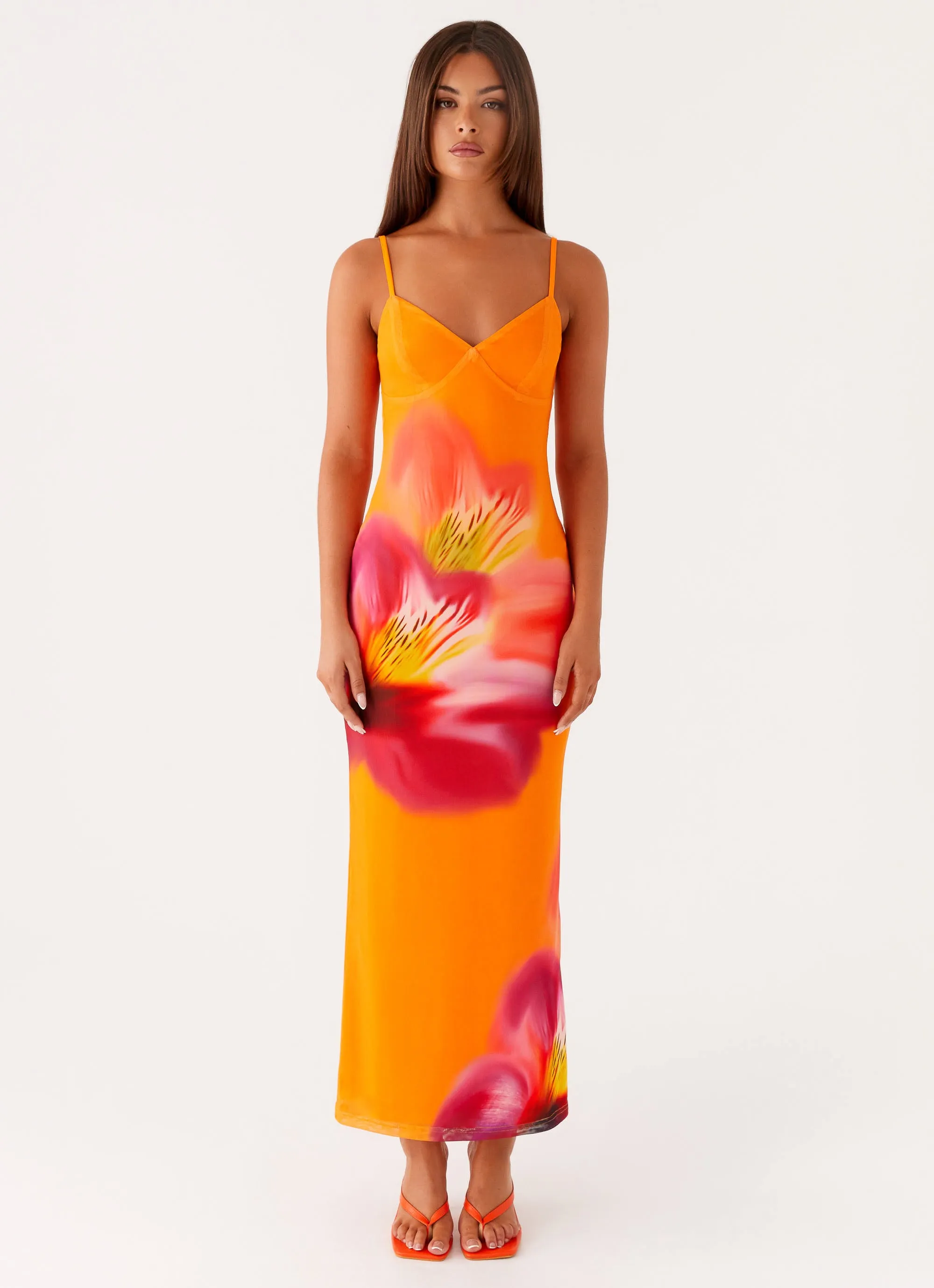 Kasey Midi Dress - Orange Tropical Flattering bodycon dress