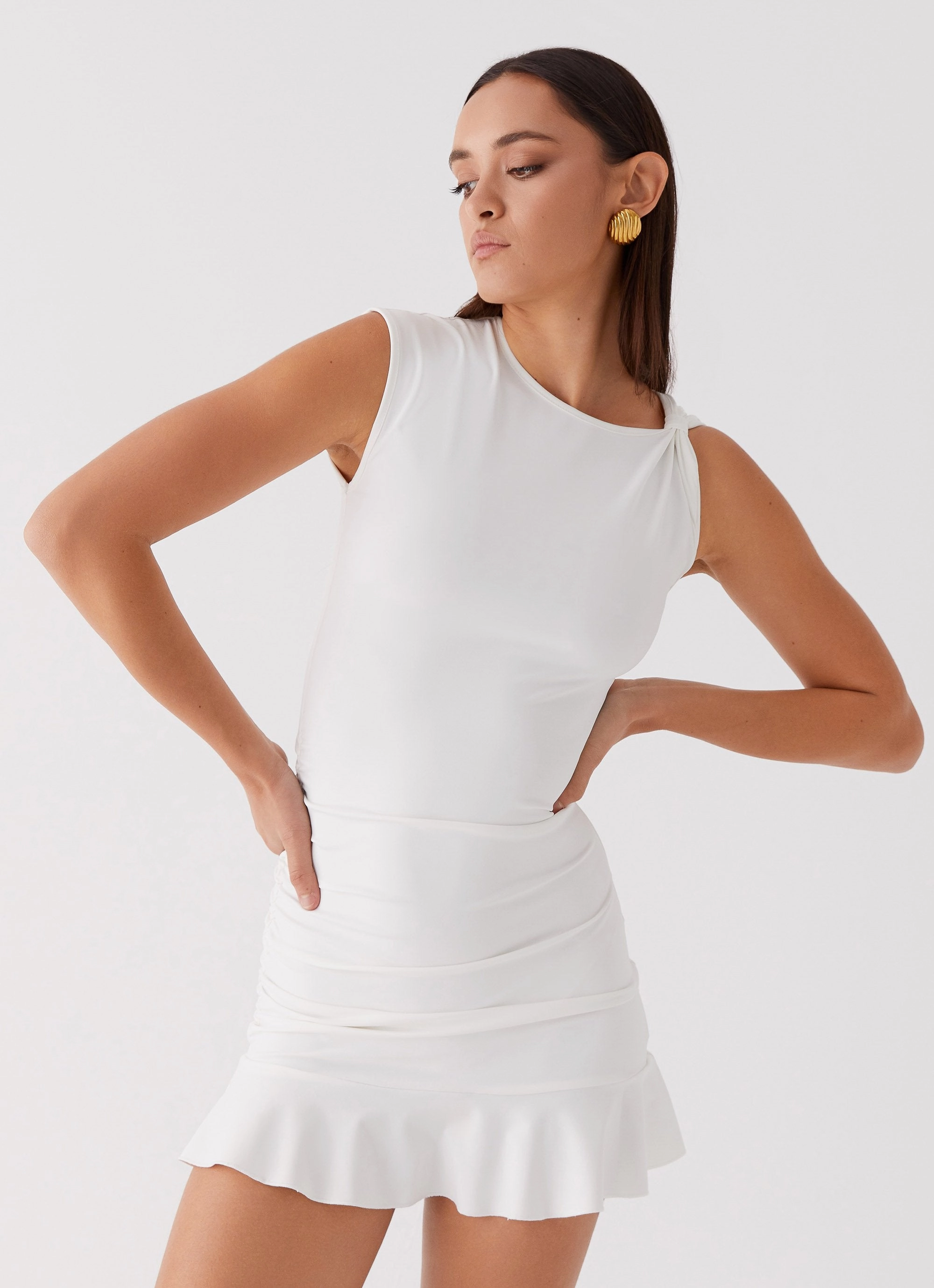 Asymmetrical hem Katy Frill Mini Dress - Ivory