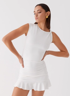 Asymmetrical hem Katy Frill Mini Dress - Ivory
