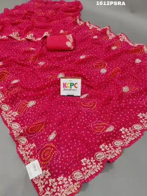 KcPc New Mos chiffon Hand pitta aari work bandhani saree With Blouse ASH