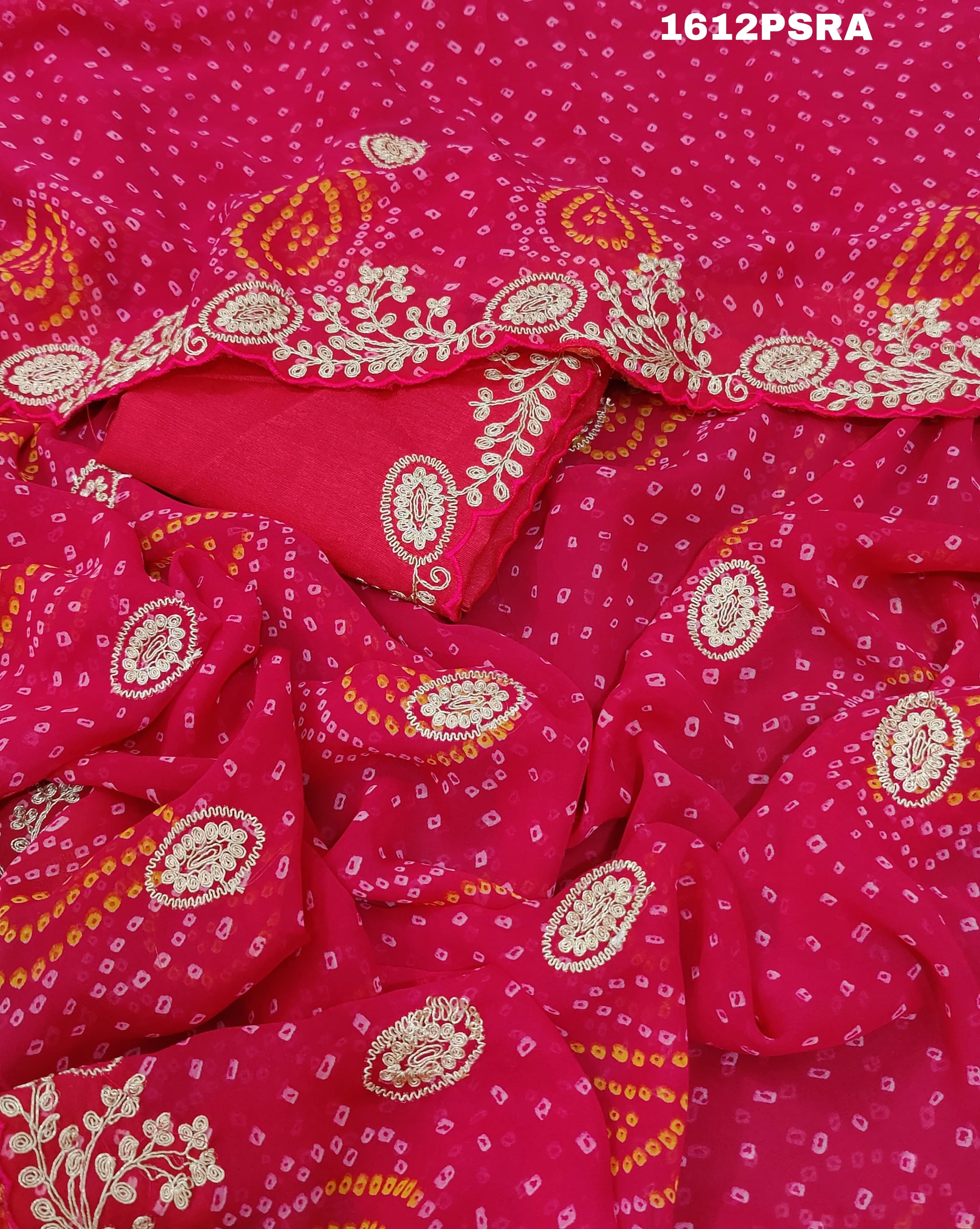 KcPc New Mos chiffon Hand pitta aari work bandhani saree With Blouse ASH