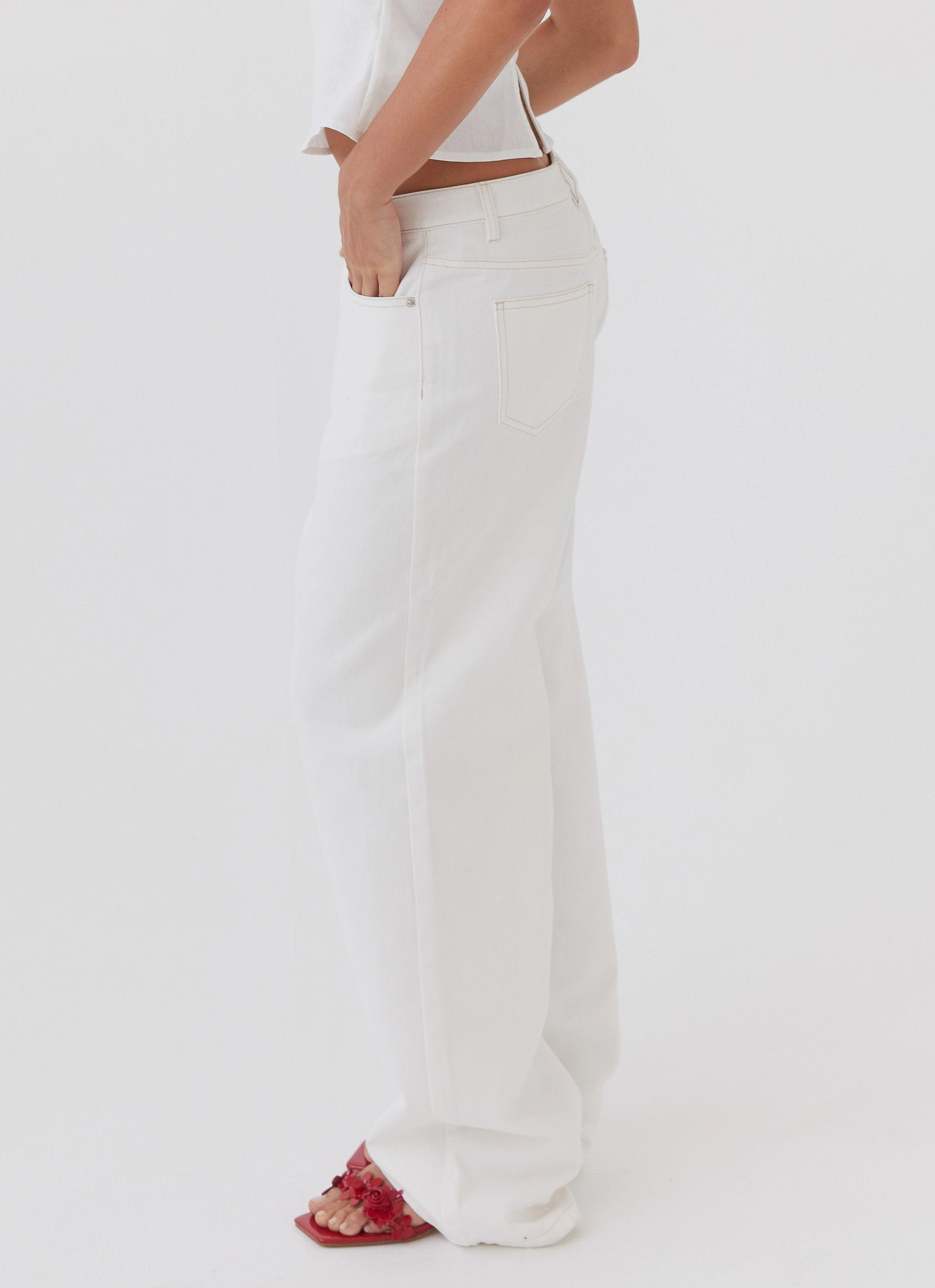 Breathable mesh Loose cut Keanna Low Rise Denim Jeans - Ivory