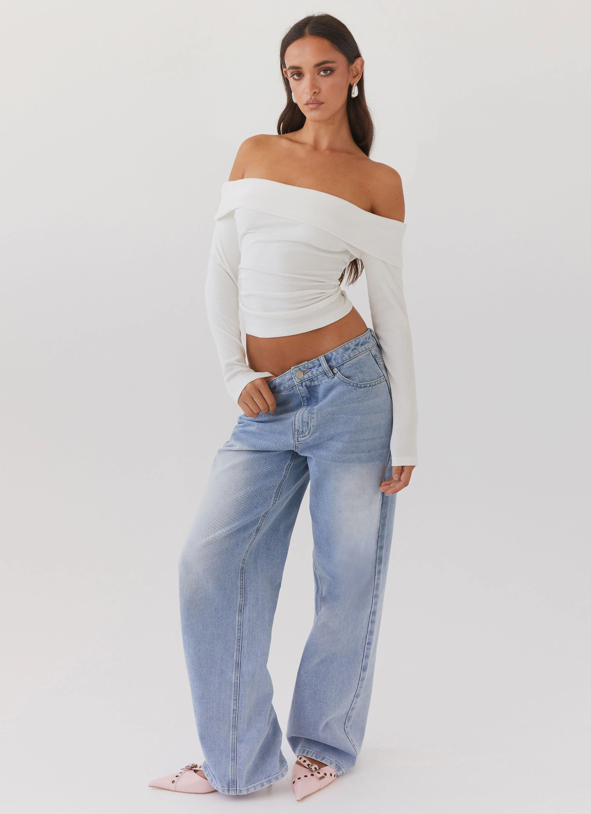 high waisted HiddenDrawcord Keanna Low Rise Denim Jeans - Light Blue