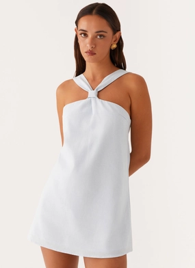 Keira Linen Mini Dress - Blue Front-Slit Casual Comfort Wear