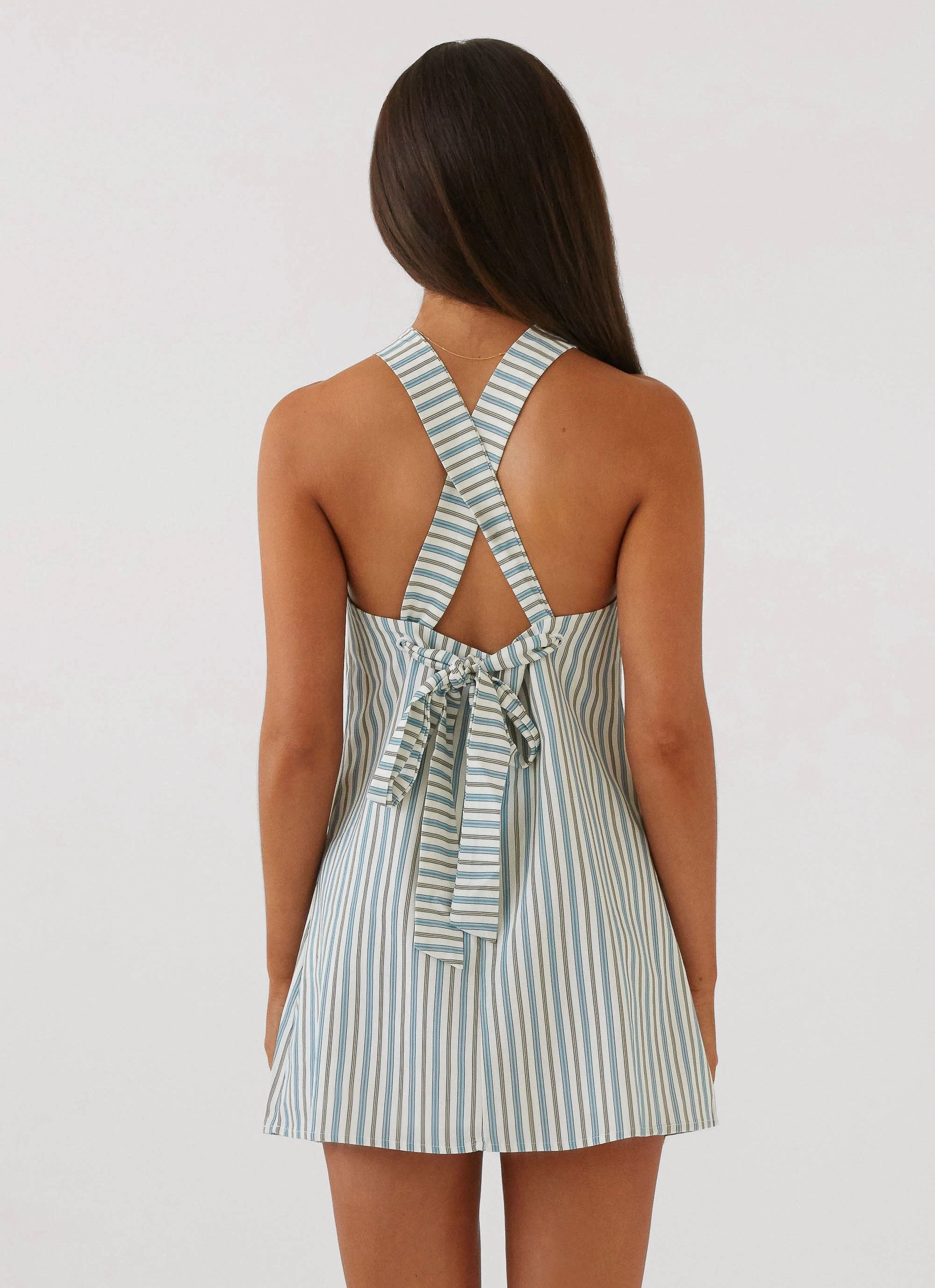 Sleeveless Smooth Surface Keira Linen Mini Dress - Blue Choc Stripe