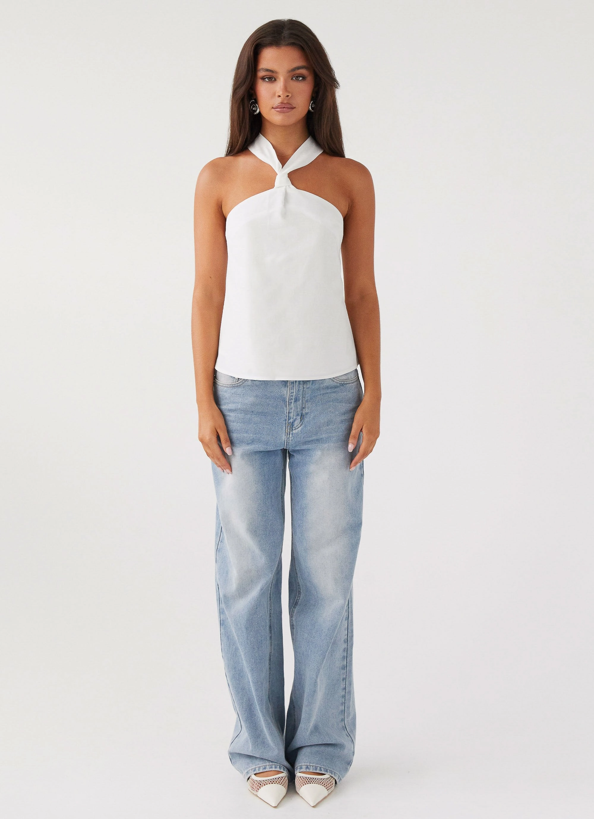Keira Linen Top - White Airflow Mesh Panel Comfortable Design