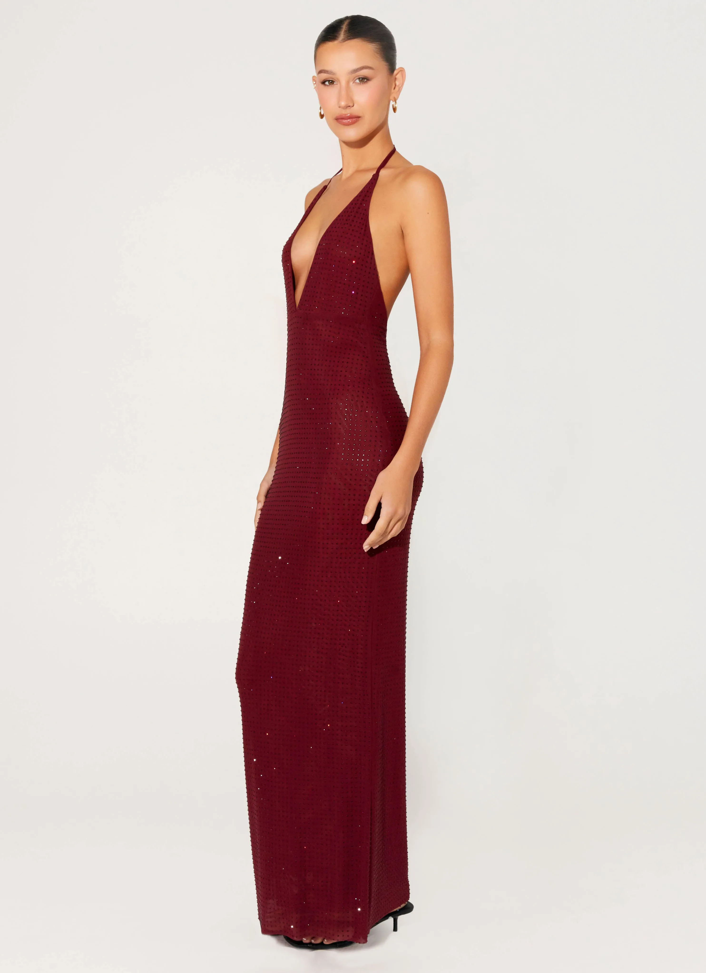 Keliese Beaded Maxi Dress - Burgundy Matte Fabric Elegant Mature