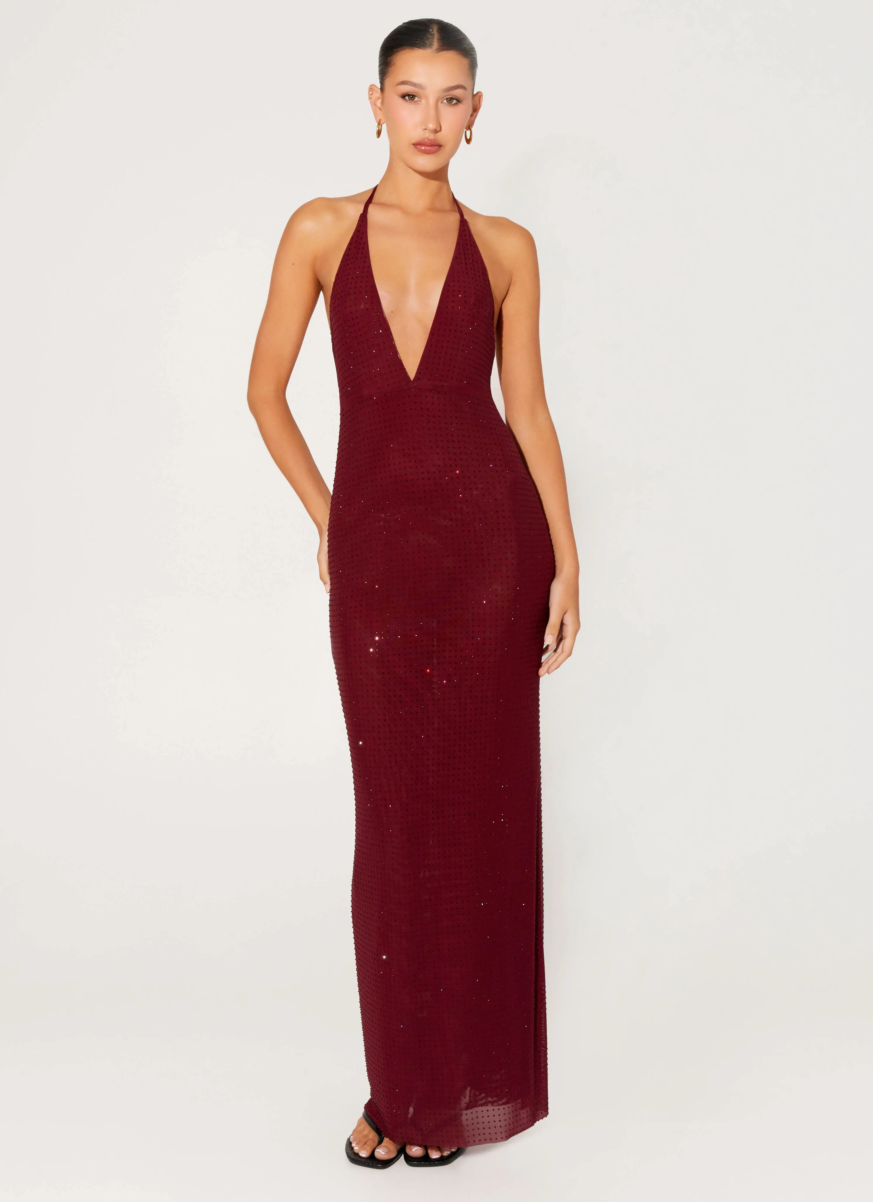Mood Booster Fitted Mood Keliese Beaded Maxi Dress - Burgundy