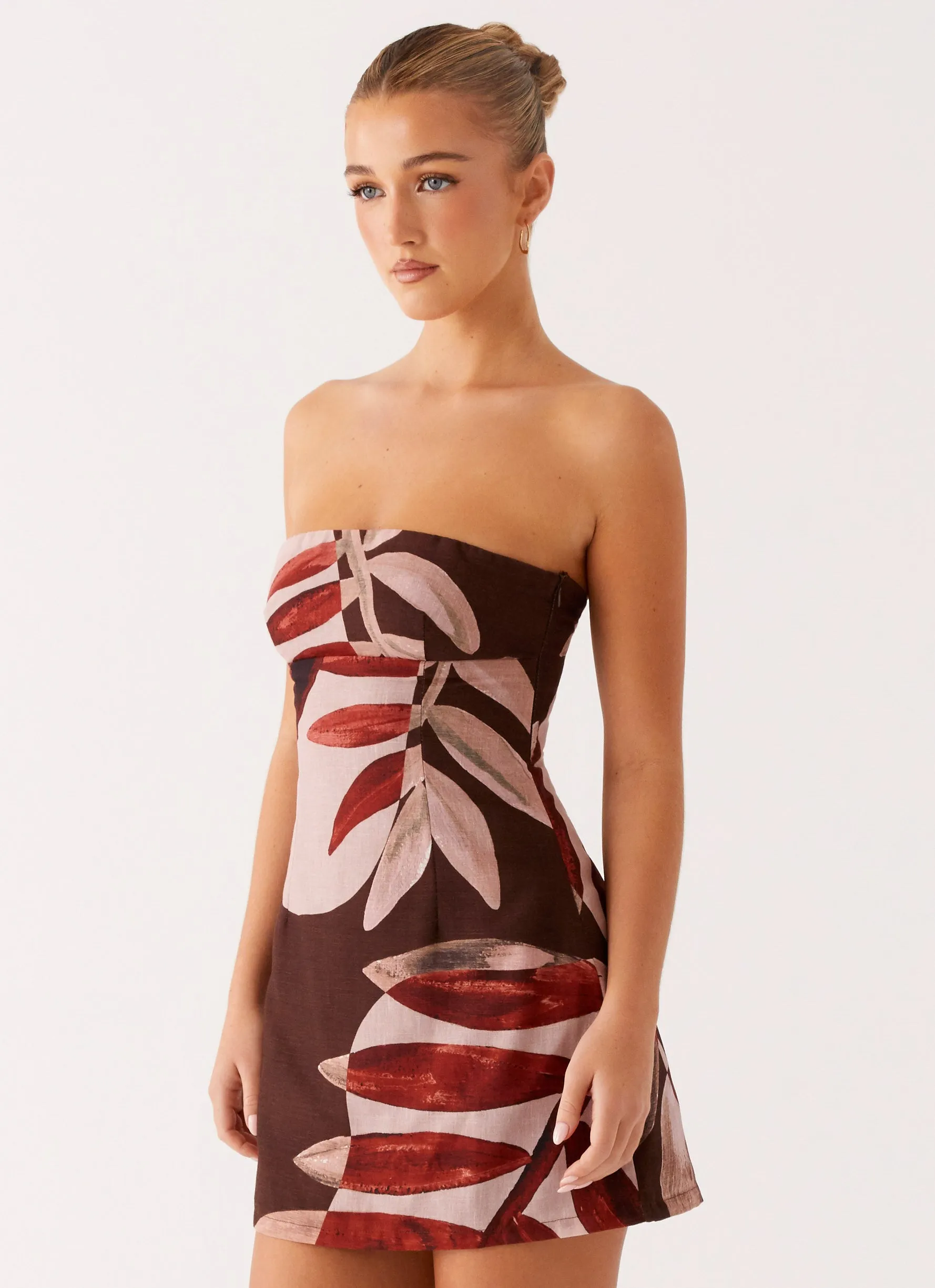 Kellen Mini Dress - Cinnamon Palm Elegant Layering Pleated-Skirt