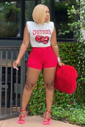 Kia CHERRY POP HIGH-WAIST DENIM SHORTS HiddenDrawcord Water-resistant