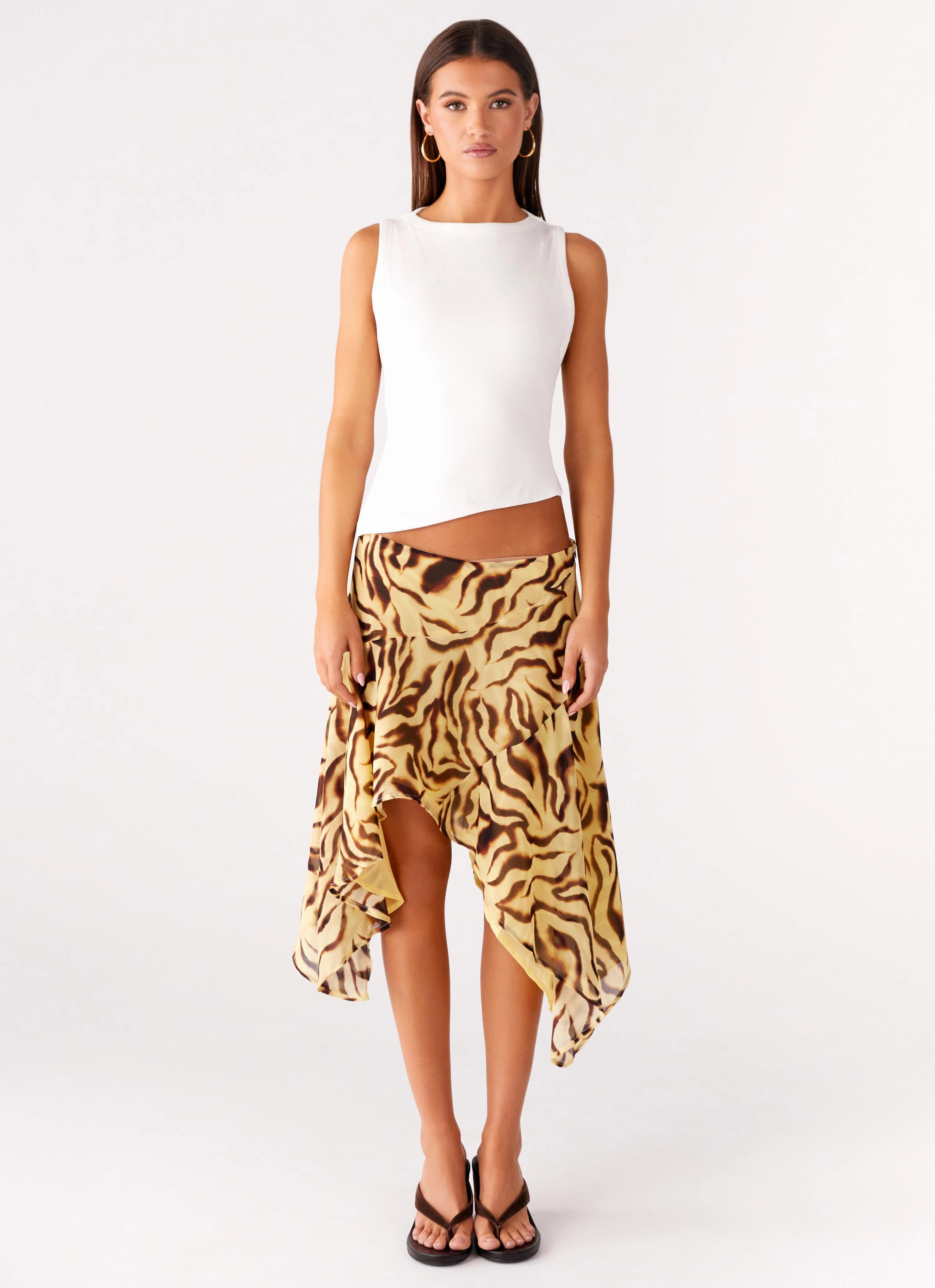 Kia Low Rise Asymmetrical Midi Skirt - Laguna Print EcoFriendlyMaterial