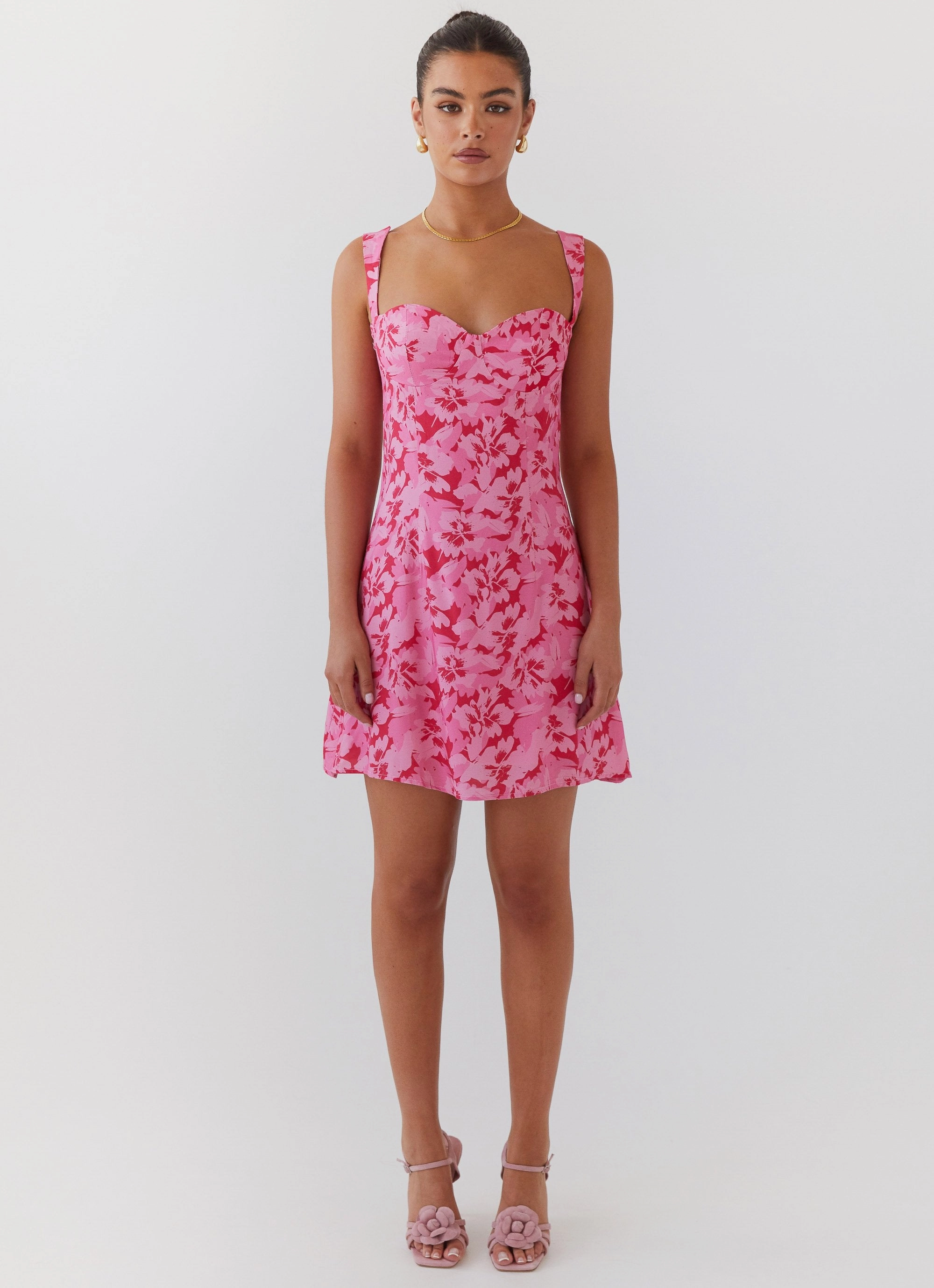 Floral Pattern Clasp-Closure Kiah Bustier Mini Dress - Cherry Blossom