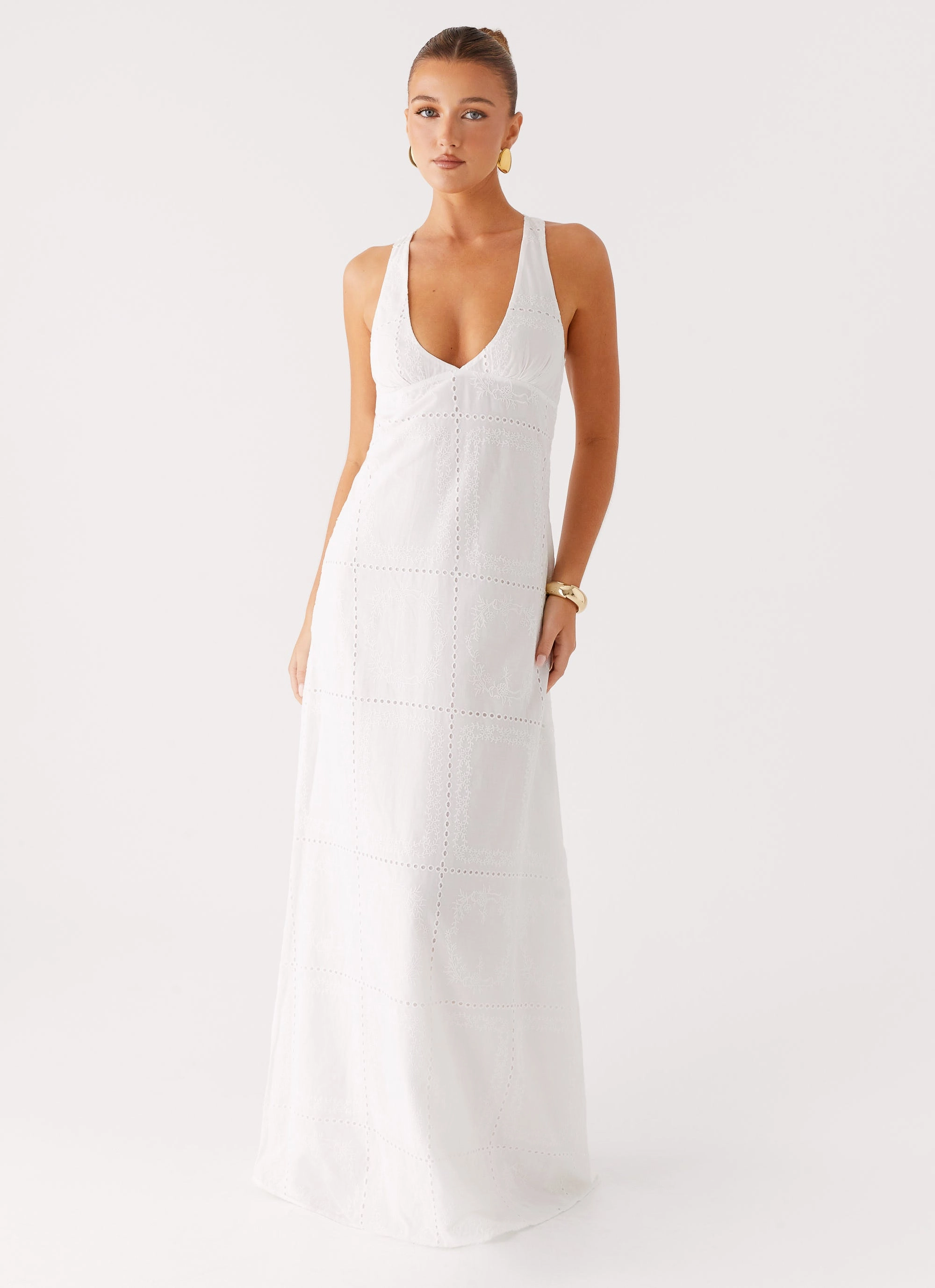 Versatile Wearable Statement-Print Kiana Halter Maxi Dress - White