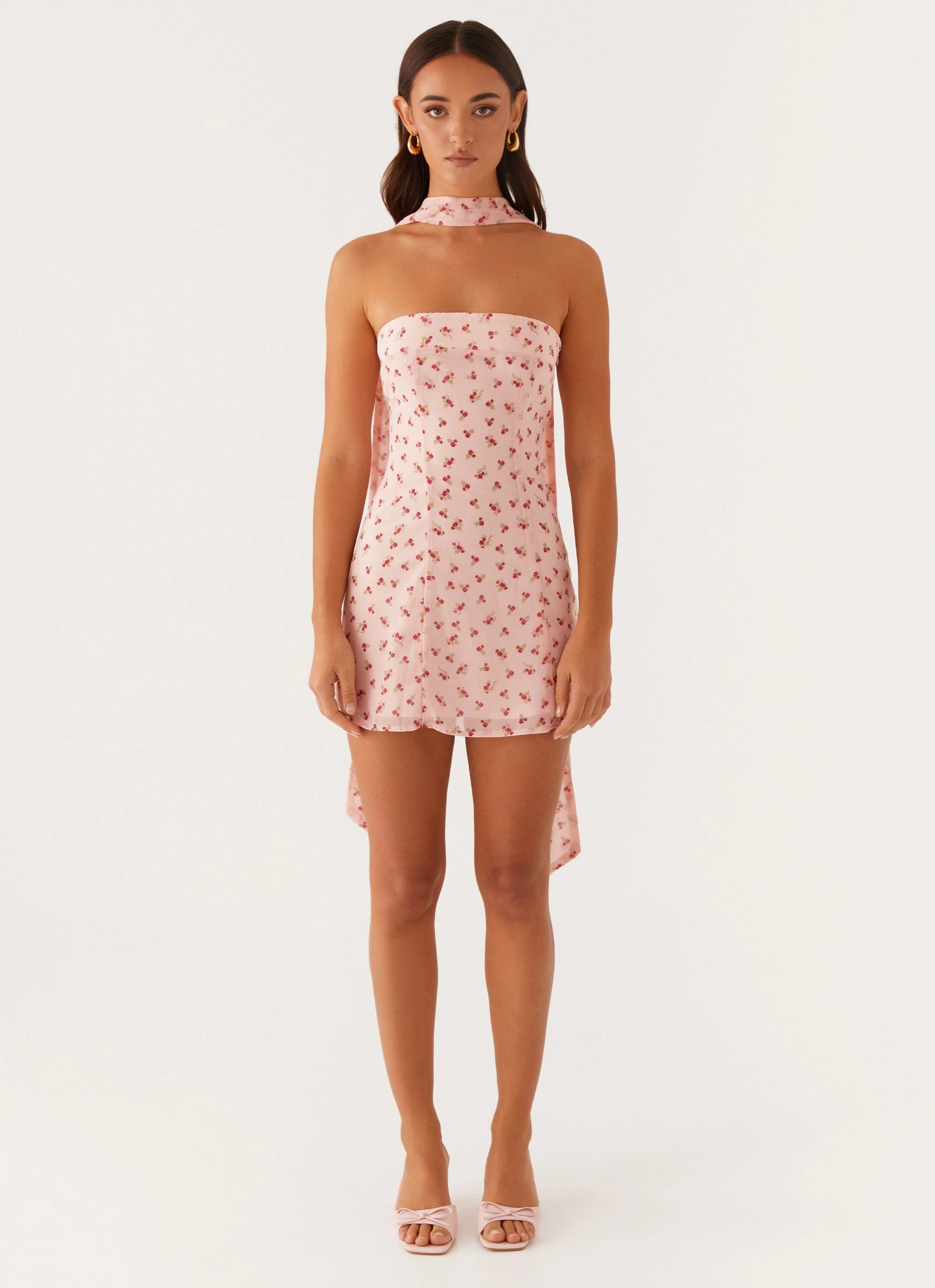 Kiesha Strapless Scarf Mini Dress - Pink Flower Pure Lines