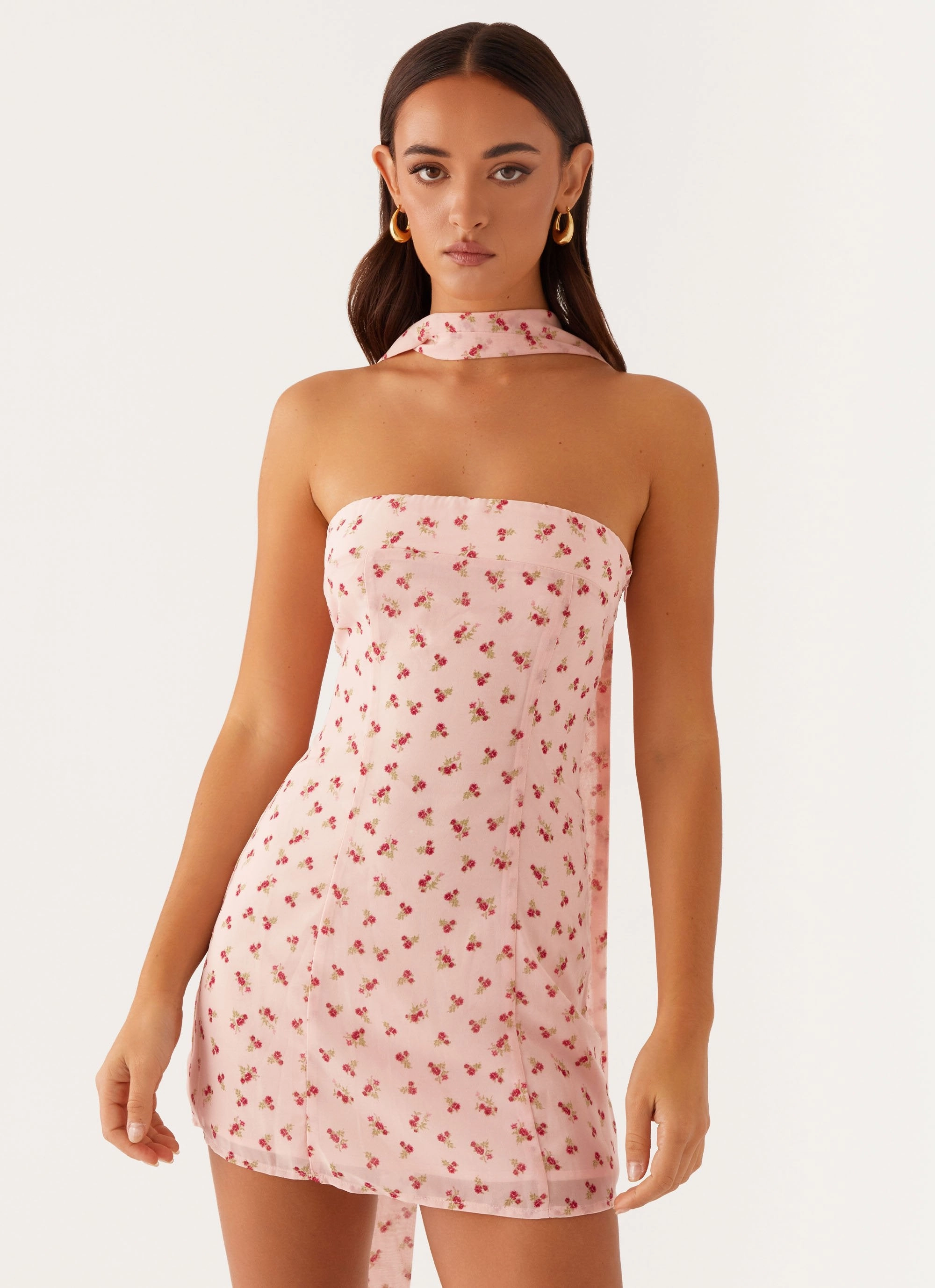 Kiesha Strapless Scarf Mini Dress - Pink Flower Gentle Glow Elegant Detail