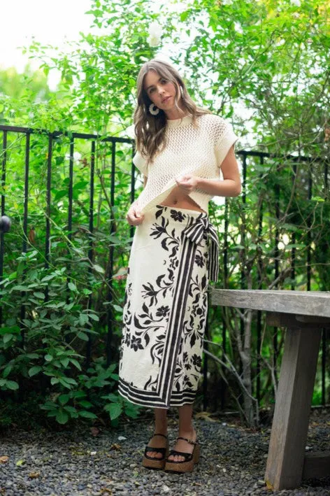 Kira High Waist Floral Print Linen Wrap Midi Skirt Cream