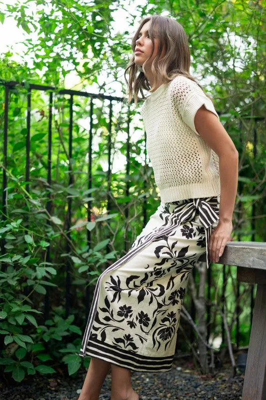 Kira High Waist Floral Print Linen Wrap Midi Skirt Cream