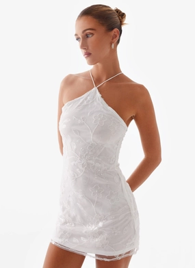 Rumi Beaded Mini Dress - White Invisible-Zip