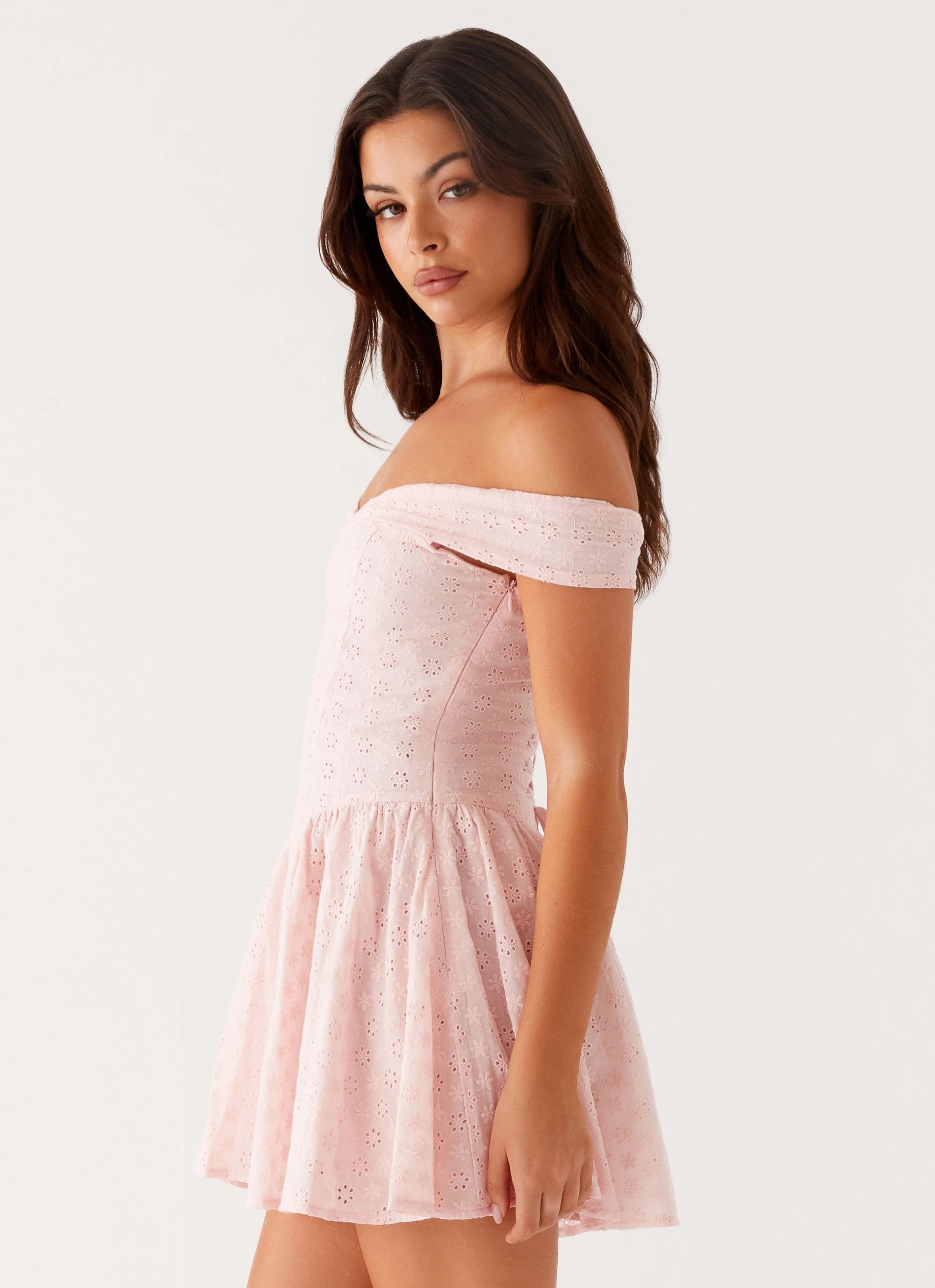 Year Rounder Koa Off Shoulder Mini Dress - Peach